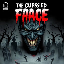 A chilling horror comic cover for 'The Cursed Face', depicting a sinister, grotesque face emerging from the darkness, half-hidden in ominous shadows
