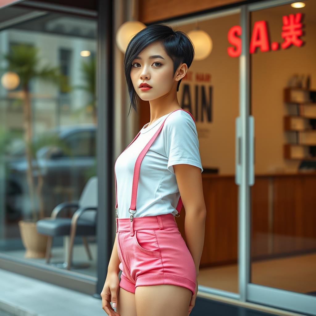 A photorealistic image of a slim Asian lady in her 20s with a short, buzzed black hairstyle