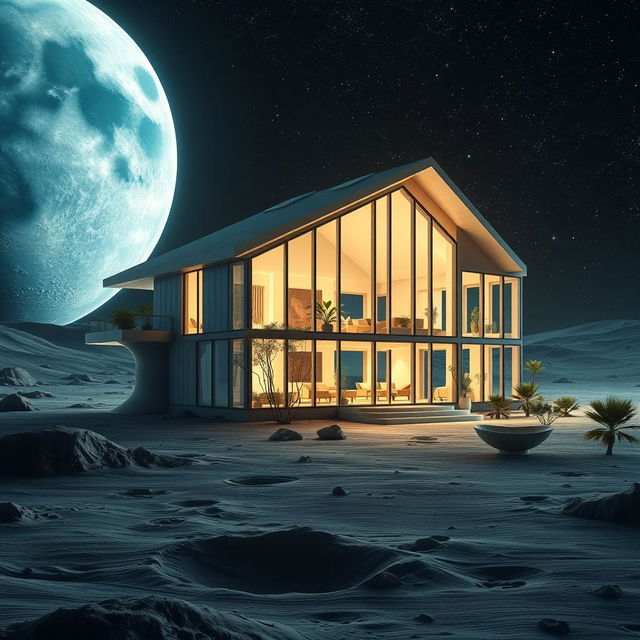 A beautiful house situated on the moon, featuring a futuristic design with large glass windows that showcase a stunning view of Earth in the background