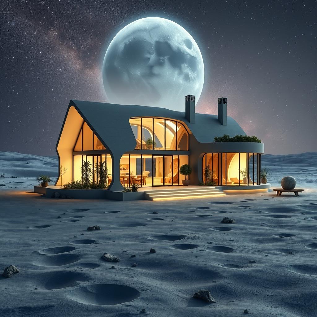 A beautiful house situated on the moon, featuring a futuristic design with large glass windows that showcase a stunning view of Earth in the background