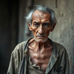 A 65-year-old man standing in a somber atmosphere, looking weak and very thin