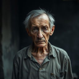 A 65-year-old man standing in a somber atmosphere, looking weak and very thin