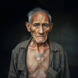 A 65-year-old man standing in a somber atmosphere, looking weak and very thin