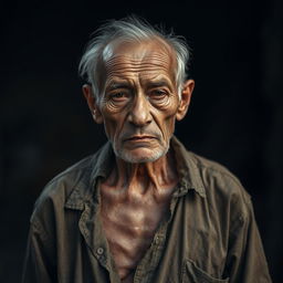 A 65-year-old man standing in a somber atmosphere, looking weak and very thin