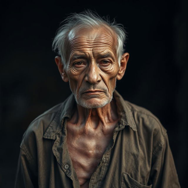 A 65-year-old man standing in a somber atmosphere, looking weak and very thin