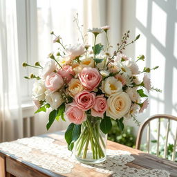 A whimsical floral arrangement featuring various types of flowers in soft pastel colors, including peonies, roses, and daisies, elegantly arranged in a vintage glass vase