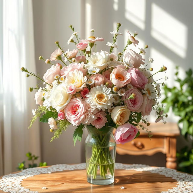 A whimsical floral arrangement featuring various types of flowers in soft pastel colors, including peonies, roses, and daisies, elegantly arranged in a vintage glass vase