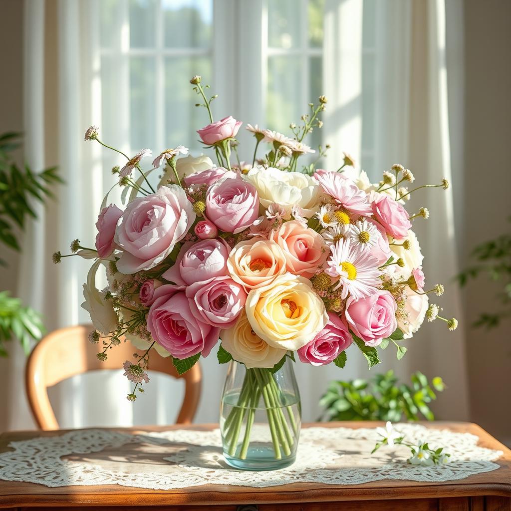 A whimsical floral arrangement featuring various types of flowers in soft pastel colors, including peonies, roses, and daisies, elegantly arranged in a vintage glass vase