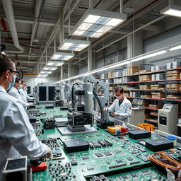 An industrial environment showcasing a modern Surface Mount Technology (SMT) printed circuit board (PCB) assembly line