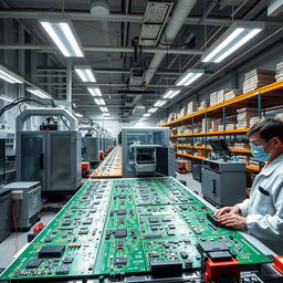 An industrial environment showcasing a modern Surface Mount Technology (SMT) printed circuit board (PCB) assembly line
