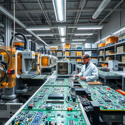 An industrial environment showcasing a modern Surface Mount Technology (SMT) printed circuit board (PCB) assembly line
