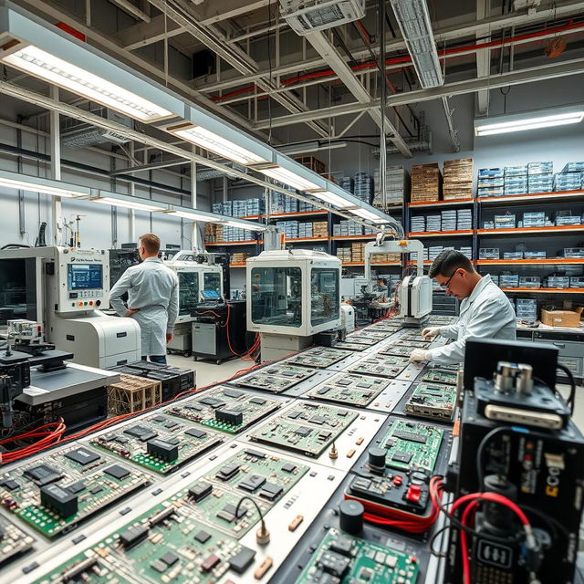 An industrial environment showcasing a modern Surface Mount Technology (SMT) printed circuit board (PCB) assembly line