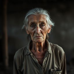 A 65-year-old woman standing in a somber atmosphere, looking weak and very thin