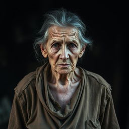 A 65-year-old woman standing in a somber atmosphere, looking weak and very thin