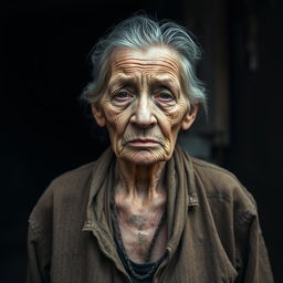 A 65-year-old woman standing in a somber atmosphere, looking weak and very thin