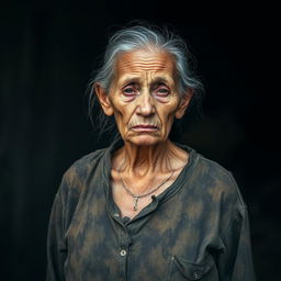 A 65-year-old woman standing in a somber atmosphere, looking weak and very thin