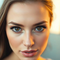 A close-up portrait featuring a woman with striking brown eyes enhanced by bold eyeliner