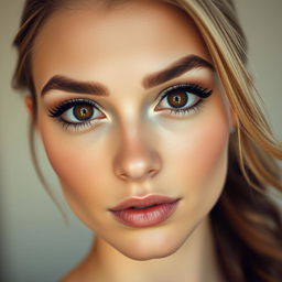 A close-up portrait featuring a woman with striking brown eyes enhanced by bold eyeliner