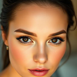 A close-up portrait featuring a woman with striking brown eyes enhanced by bold eyeliner