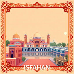 A beautiful digital postcard background inspired by the city of Isfahan, Iran, featuring iconic architectural elements such as the stunning Imam Mosque and the elegant Si-o-se-pol bridge