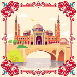 A beautiful digital postcard background inspired by the city of Isfahan, Iran, featuring iconic architectural elements such as the stunning Imam Mosque and the elegant Si-o-se-pol bridge