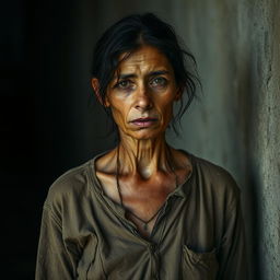 A 30-year-old woman standing in a somber atmosphere, looking weak and very thin
