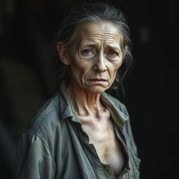A 30-year-old woman standing in a somber atmosphere, looking weak and very thin