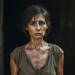 A 30-year-old woman standing in a somber atmosphere, looking weak and very thin