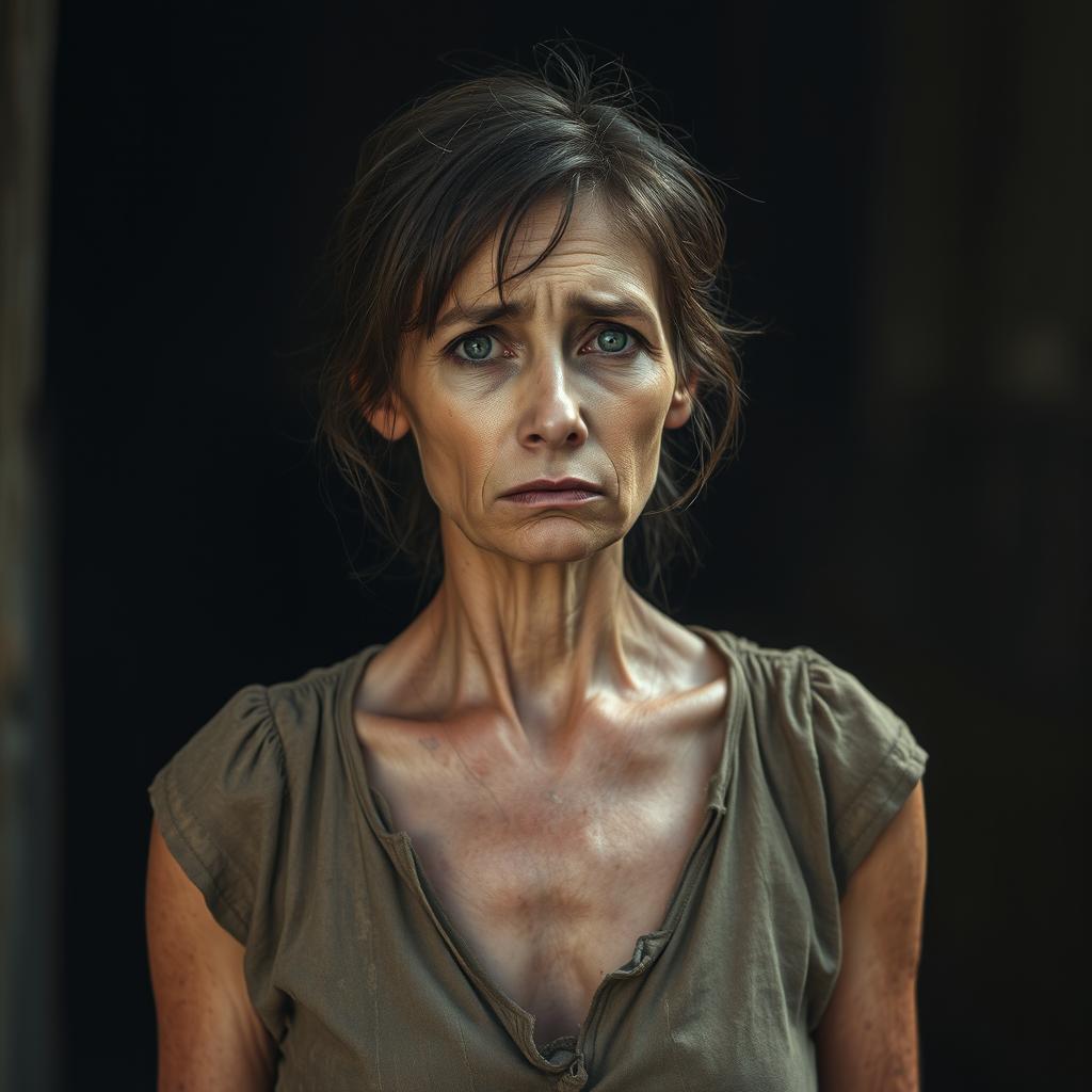 A 30-year-old woman standing in a somber atmosphere, looking weak and very thin