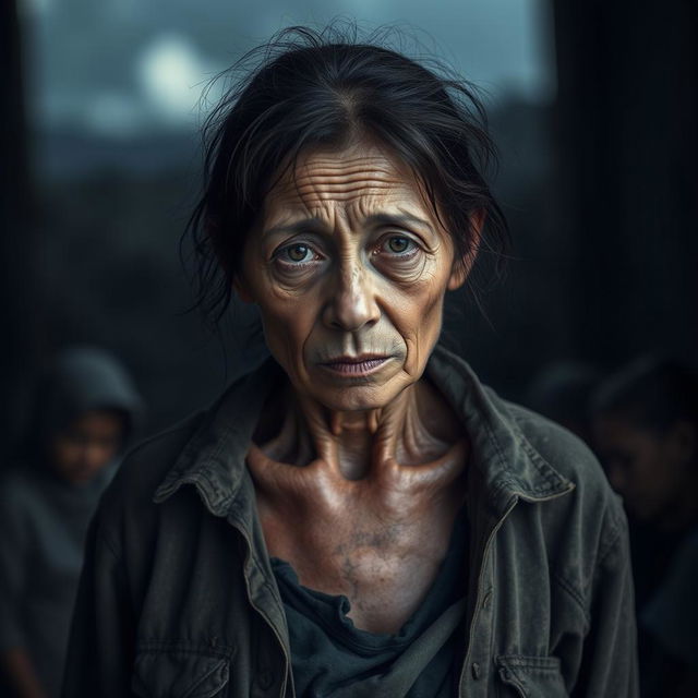 A 30-year-old woman standing in a somber atmosphere, looking weak and very thin