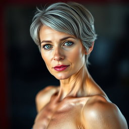 A slim, fit female figure, aged 57, showcasing a high level of physical fitness