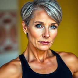 A slim, fit female figure, aged 57, showcasing a high level of physical fitness