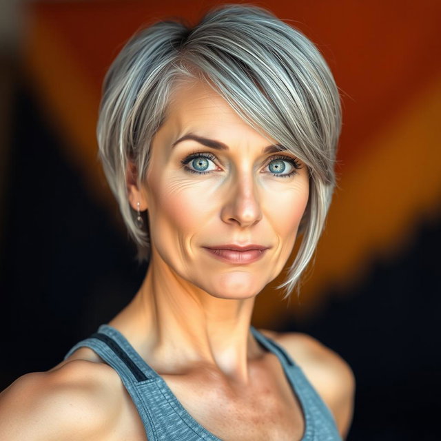 A slim, fit female figure, aged 57, showcasing a high level of physical fitness