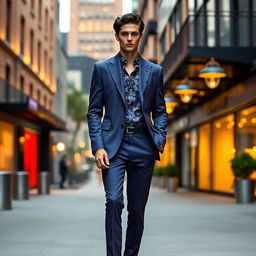 A stylish purplish-blue blazer suit on a fashionable model