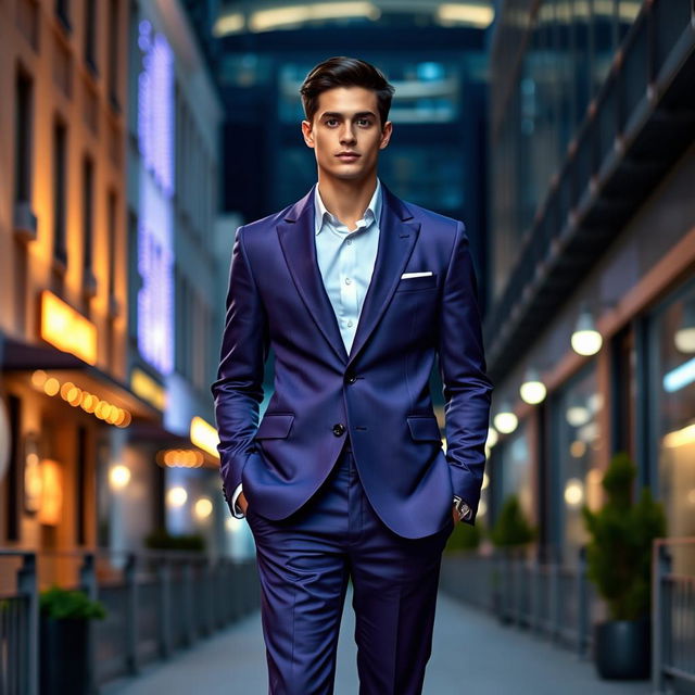 A stylish purplish-blue blazer suit on a fashionable model