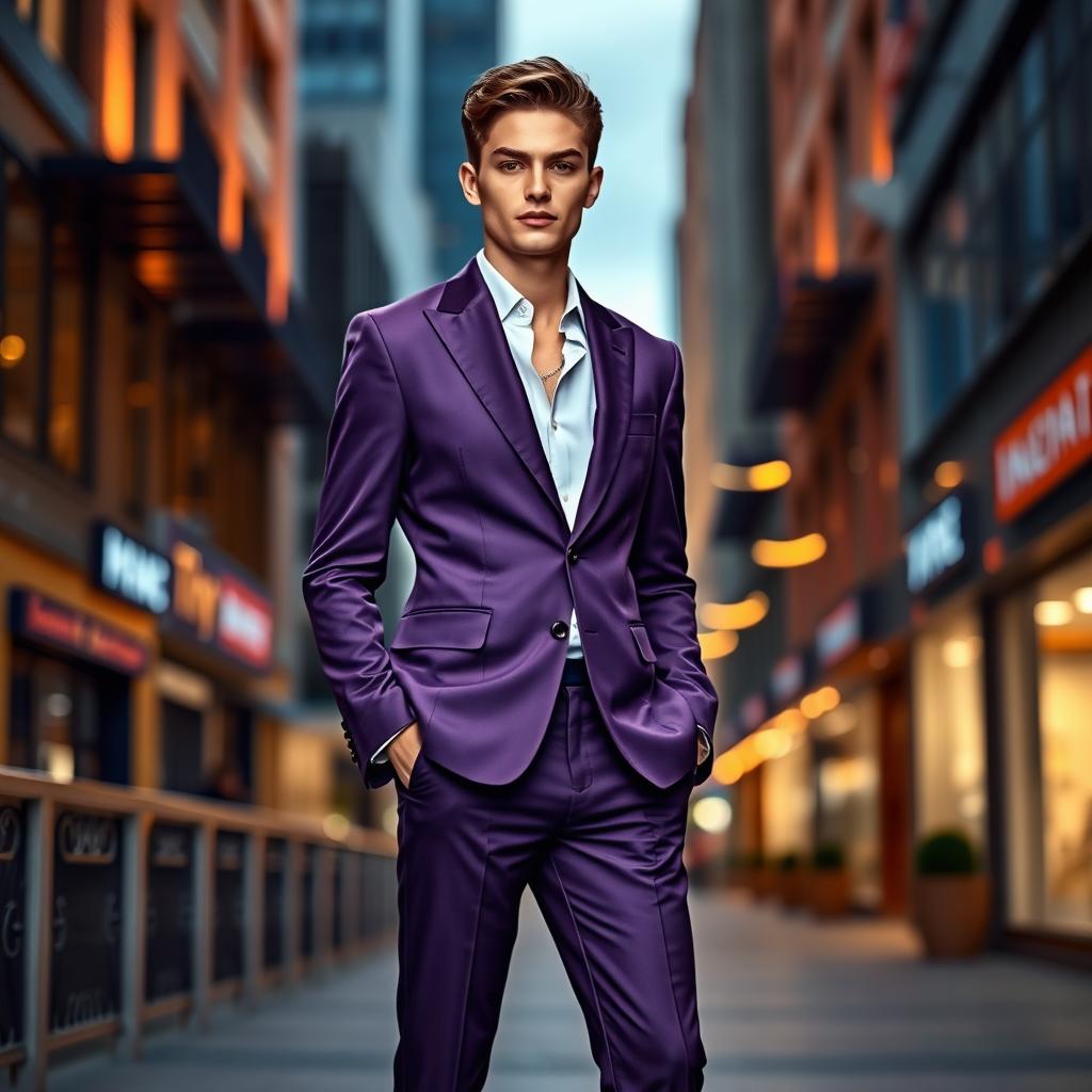 A stylish purplish-blue blazer suit on a fashionable model