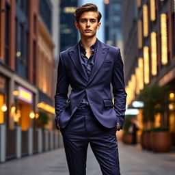A stylish purplish-blue blazer suit on a fashionable model