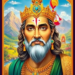 A striking portrait of Yudhishthira, the eldest brother from the Mahabharata, depicted as a noble and wise king