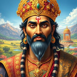 A striking portrait of Yudhishthira, the eldest brother from the Mahabharata, depicted as a noble and wise king