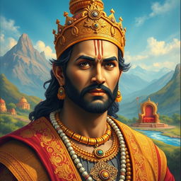 A striking portrait of Yudhishthira, the eldest brother from the Mahabharata, depicted as a noble and wise king