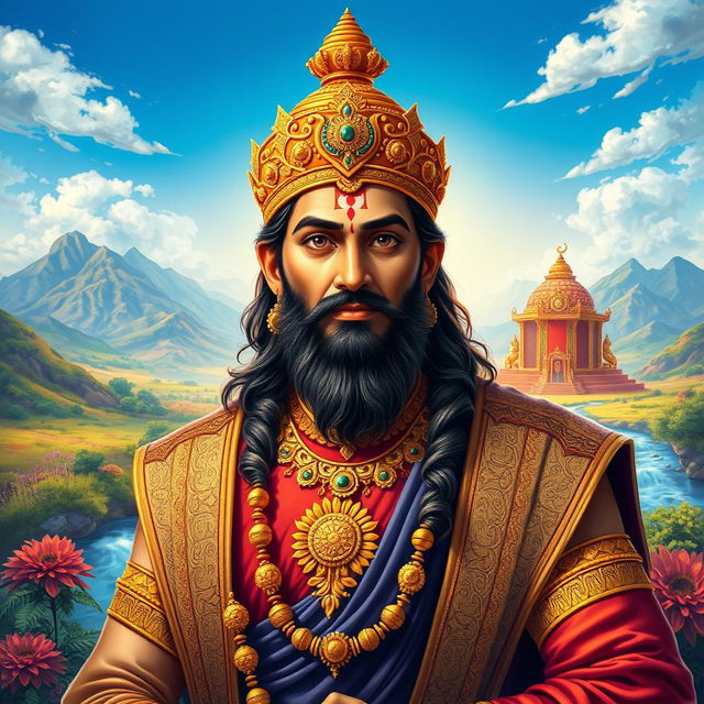 A striking portrait of Yudhishthira, the eldest brother from the Mahabharata, depicted as a noble and wise king