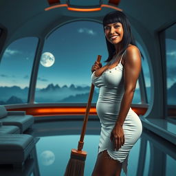 A realistic full-body image of a mature woman, around 50 years old, with straight black hair and features typical of a light brown mulatto