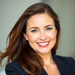 A professional close-up portrait of a confident woman with long, flowing brown hair, smiling warmly