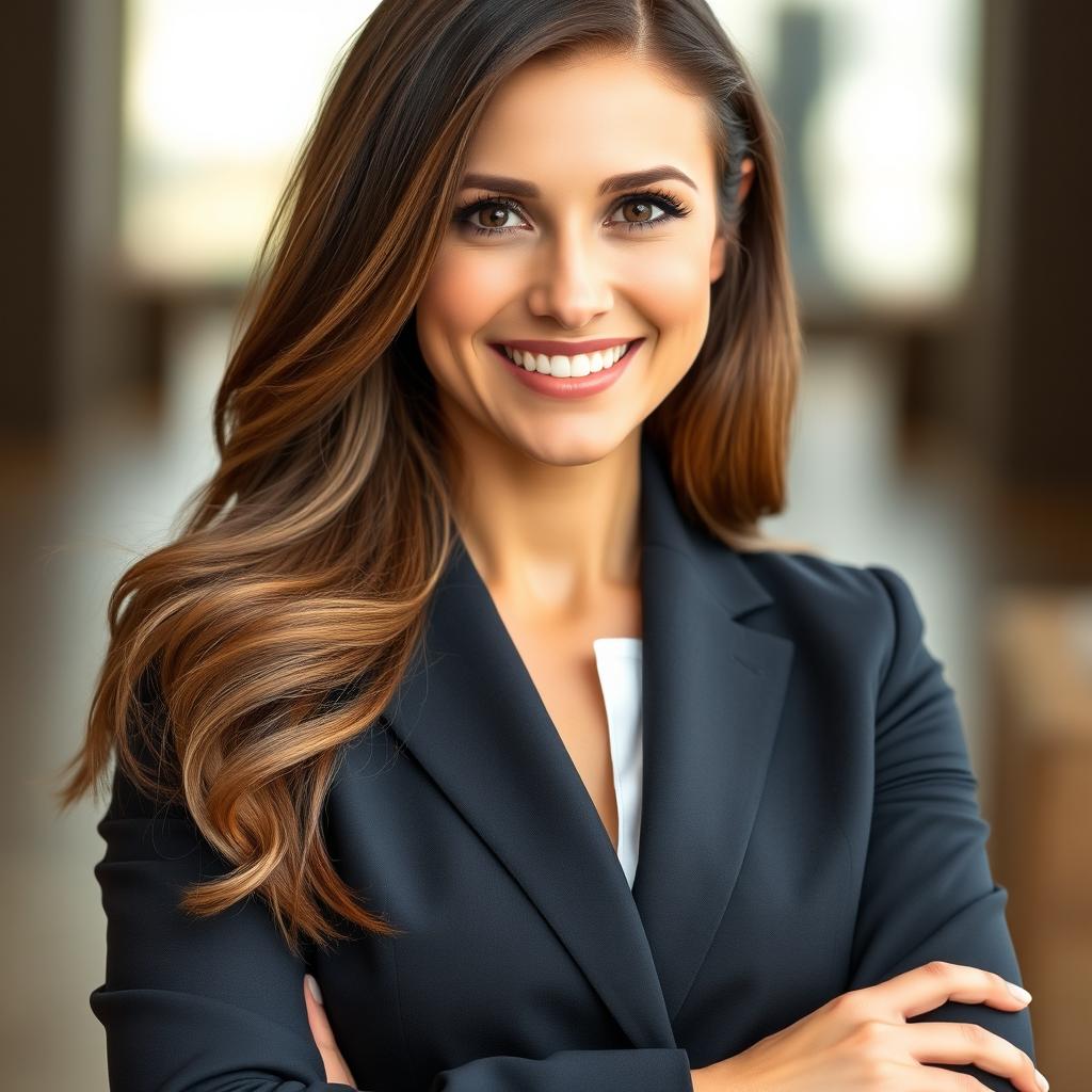 A professional close-up portrait of a confident woman with long, flowing brown hair, smiling warmly