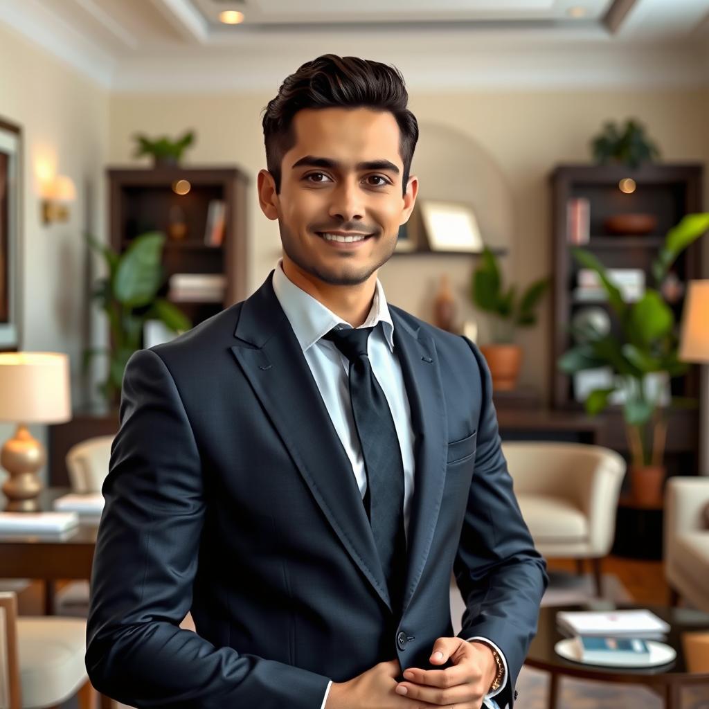 A professional-looking individual in a tailored suit, standing confidently in a beautifully decorated room