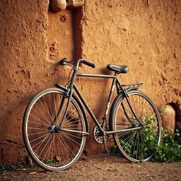 An old bicycle leaning against a straw clay wall, highlighting rustic charm