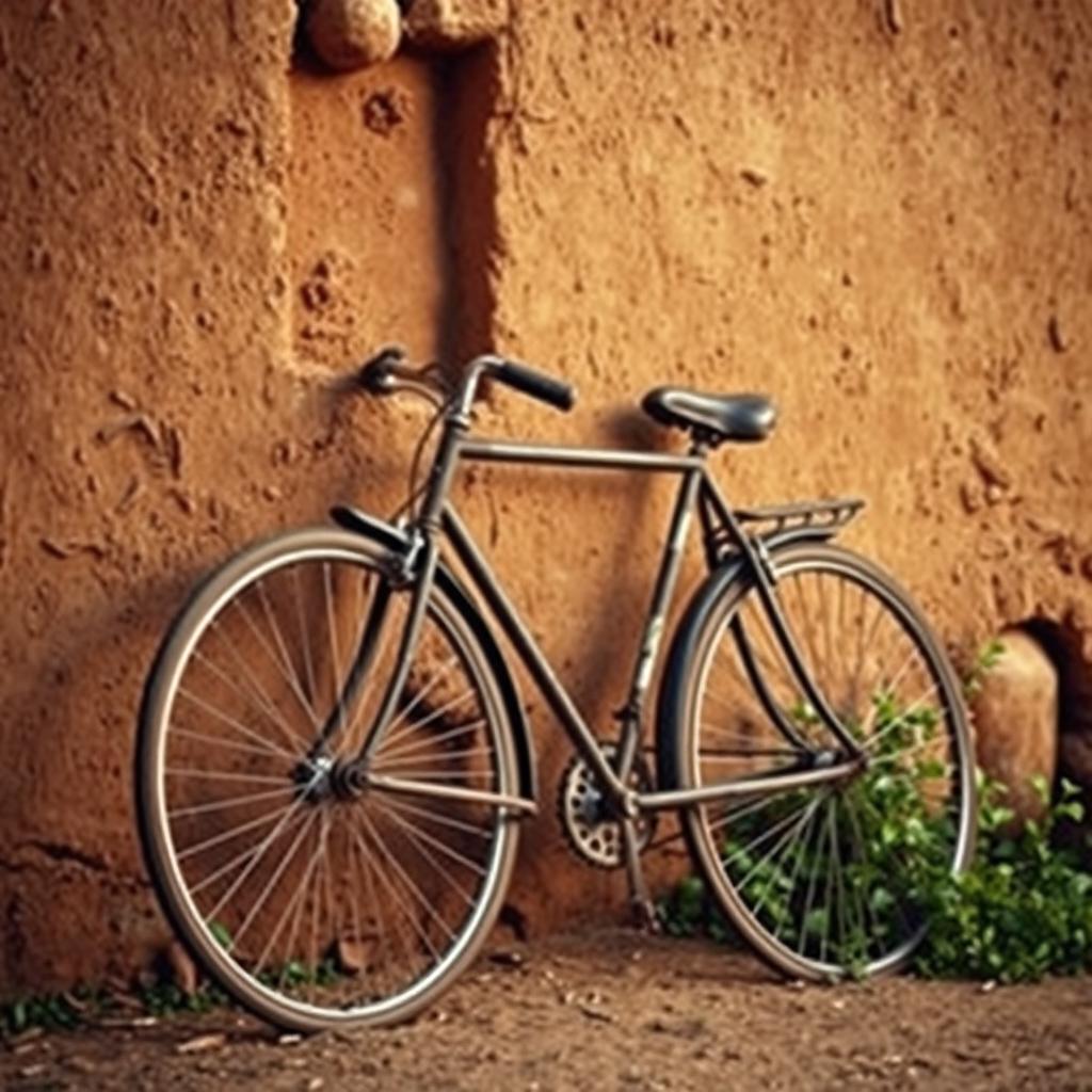 An old bicycle leaning against a straw clay wall, highlighting rustic charm