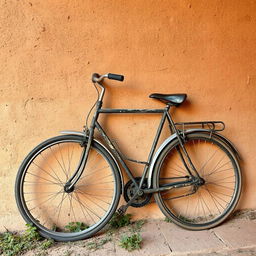 An old bicycle leaning against a straw clay wall, highlighting rustic charm