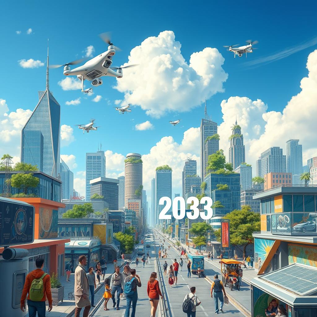 A futuristic cityscape depicting the year 2033