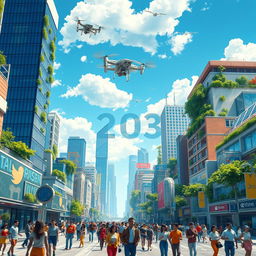A futuristic cityscape depicting the year 2033